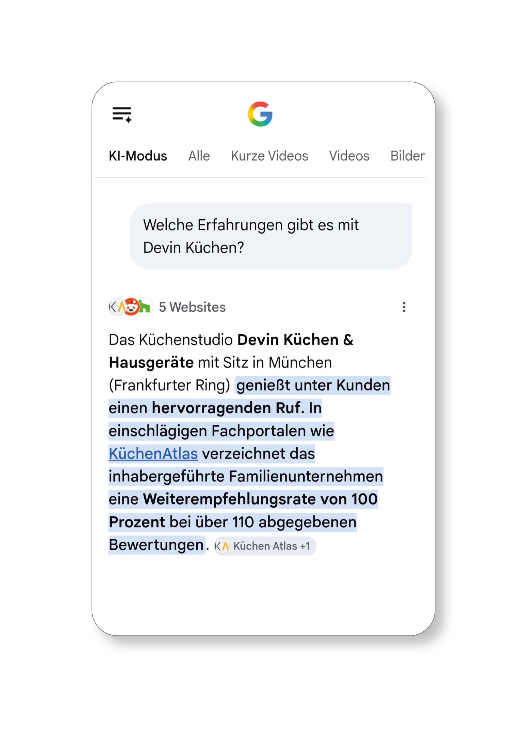 Google Screenshot zeigt, das KüchenAtlas viel von der KI zitiert wird